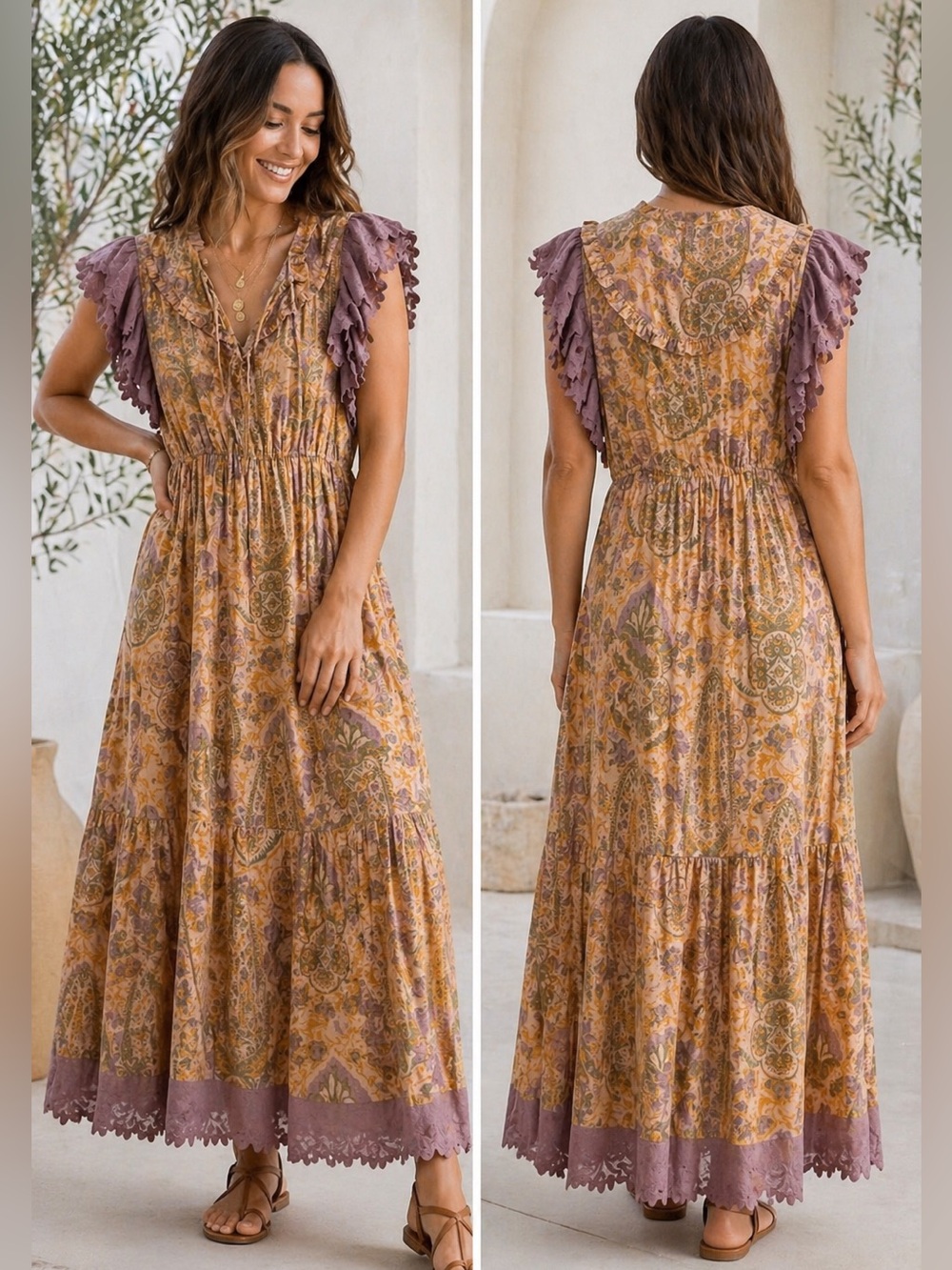 Anthro x Ollari Boho Paisley Maxi Dress Lace Flutter Sleeve Tiered Midi